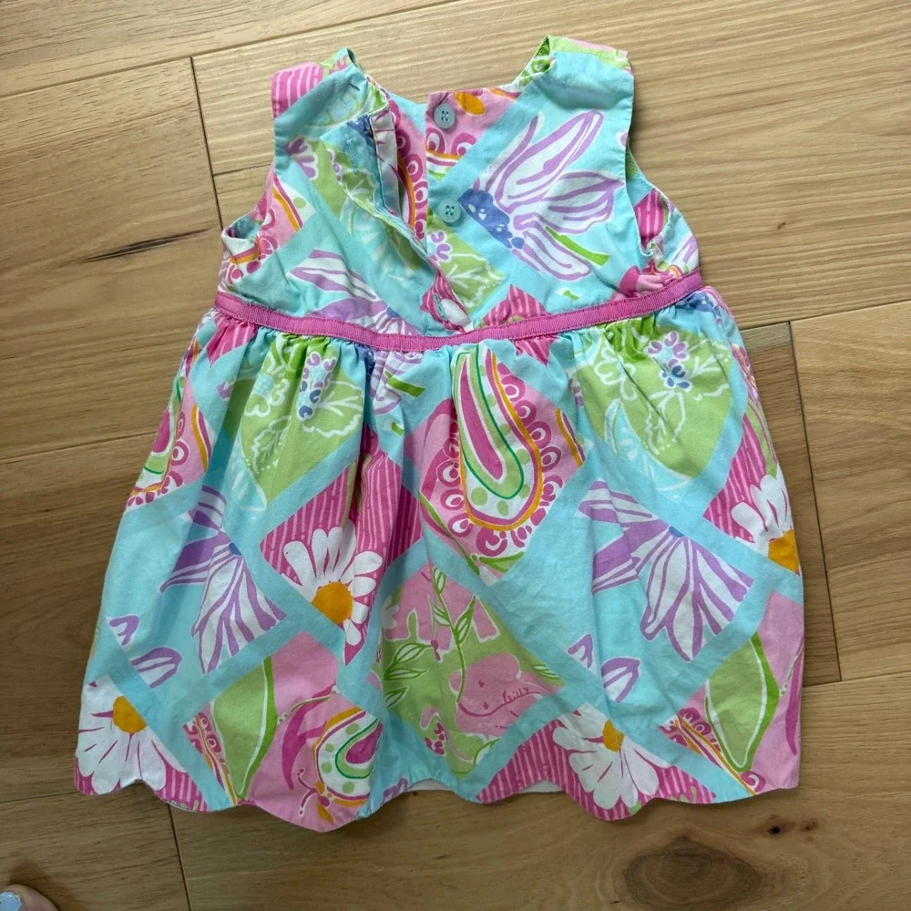 Lilly Pulitzer Patchwork Floral Dress Child 12-18M Pink Blue Scalloped Hem